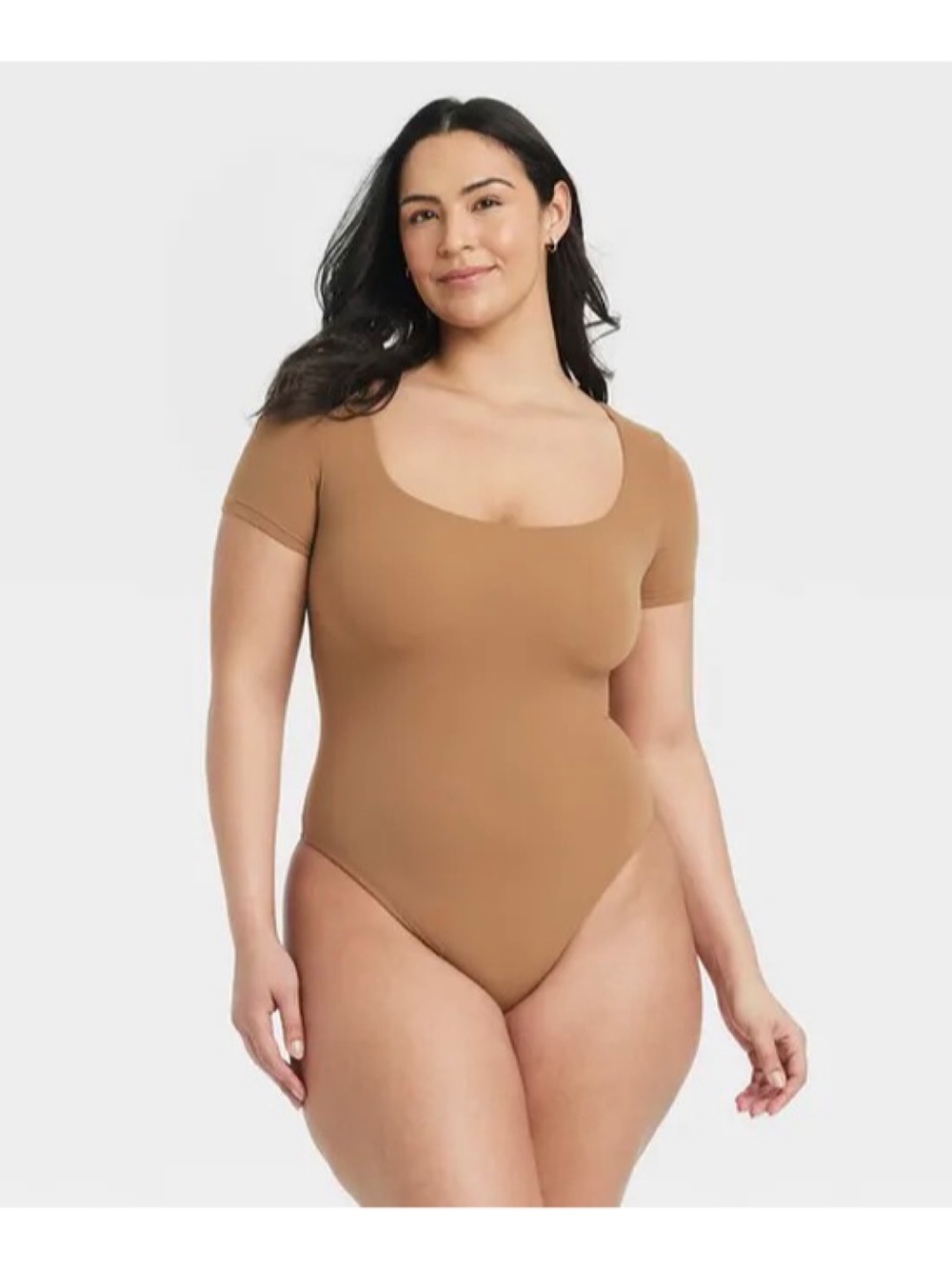Auden Luxe Short Sleeve Scoop Square Neck Bodysuit (Caramel - Extra Large)